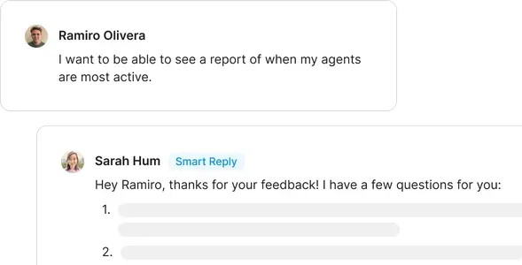 A user requests a feature and an automatic reply is sent asking for more details.