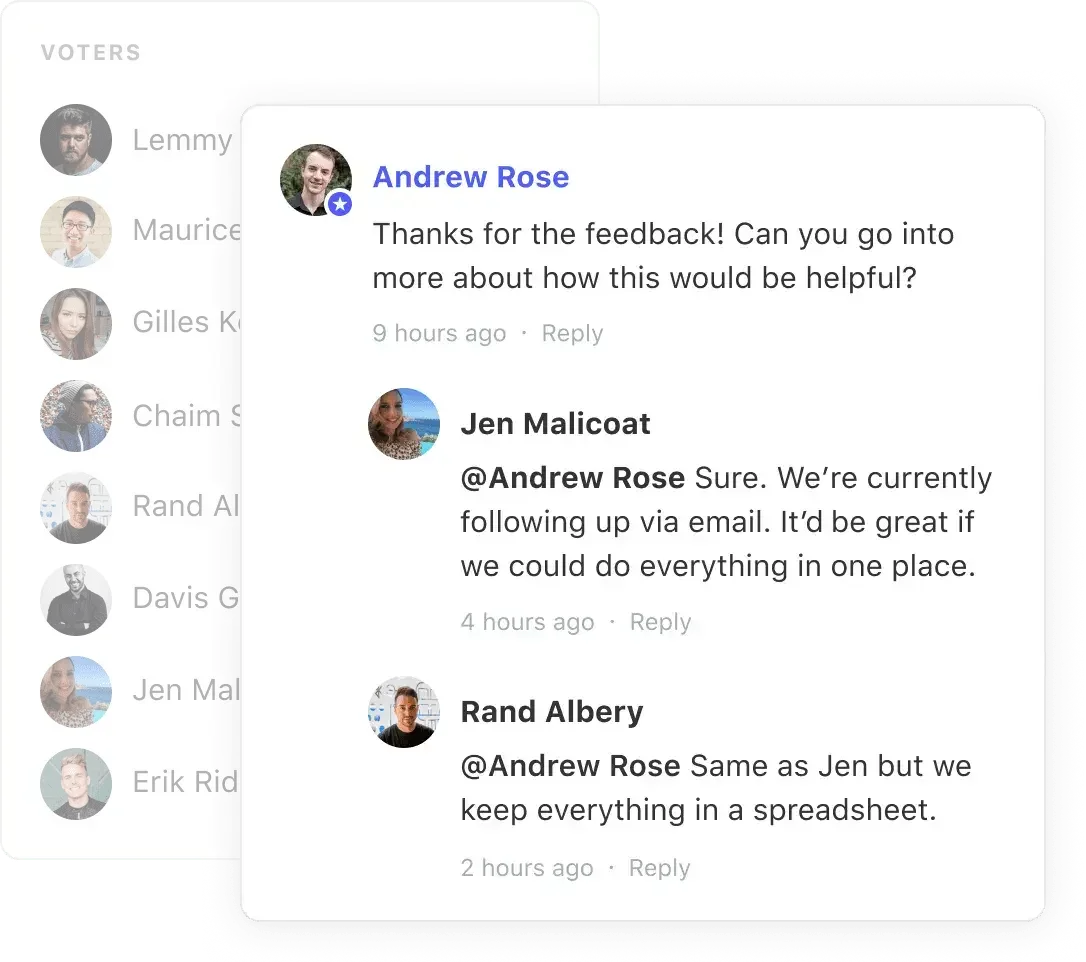 A discussion thread on a customer feedback request.