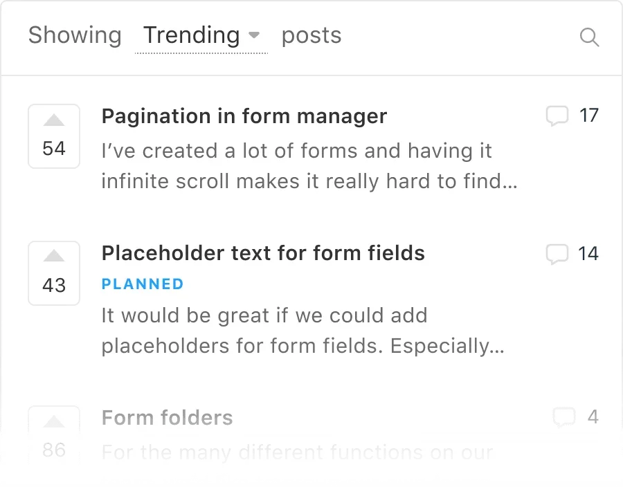A public customer feedback board with feature requests sorted by votes.