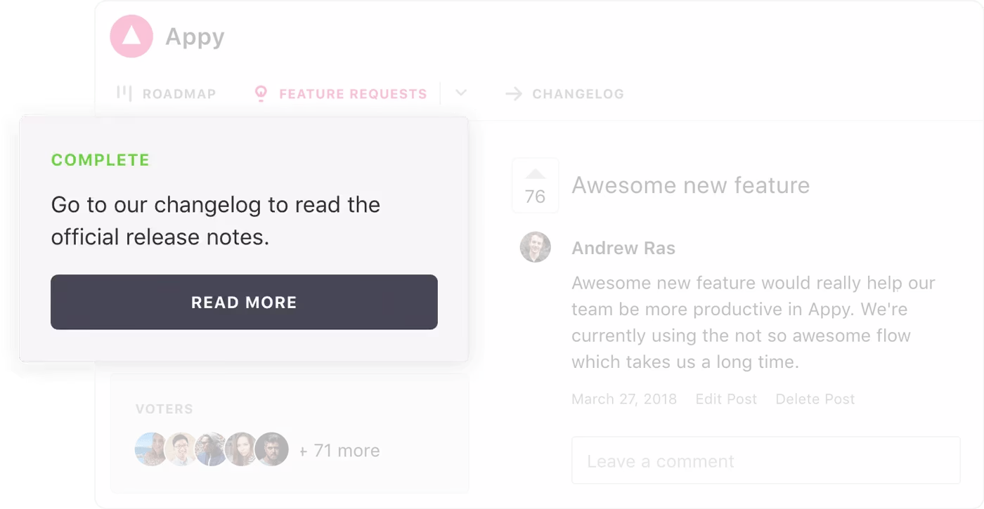 An in-app alert notifying a customer that their requested feature shipped.