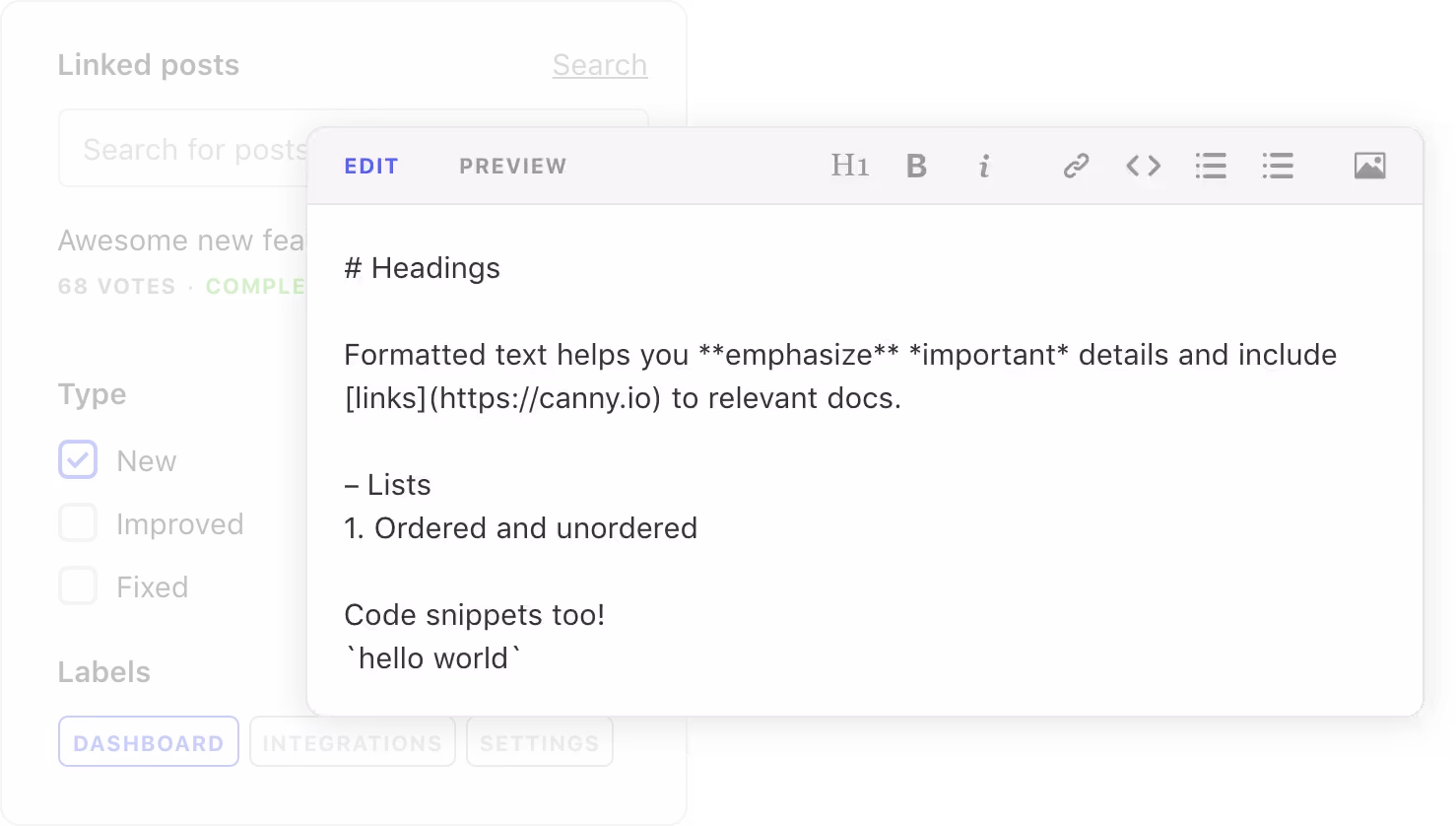 A branded changelog update with markdown support and custom labels.