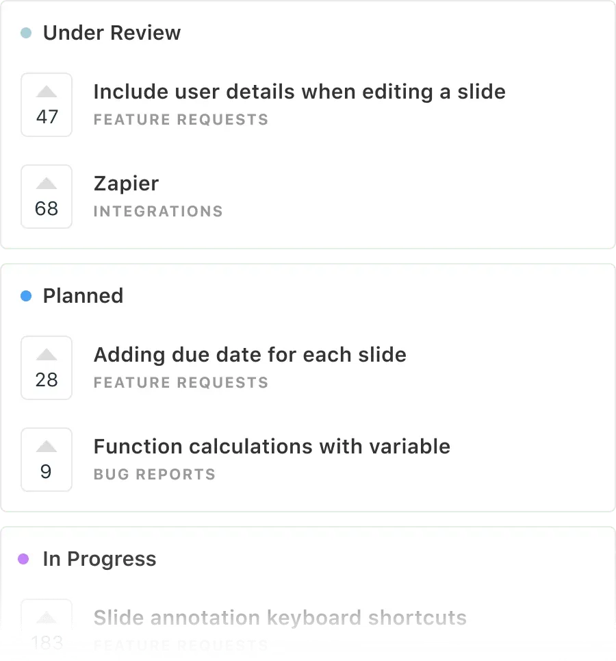 Canny's roadmap tool showing features under review, planned, and in progress