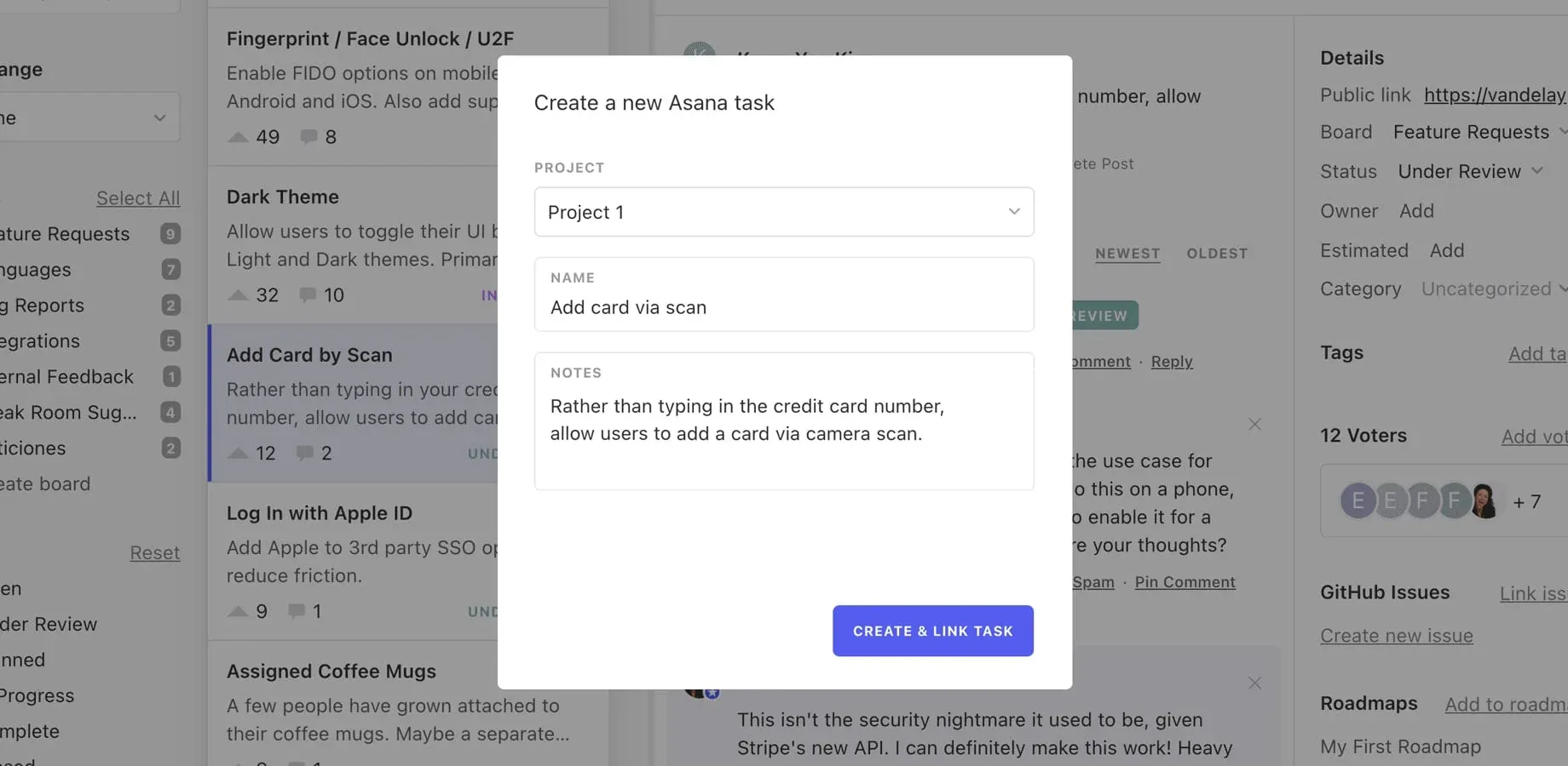 "Create a new Asana task" dialog with Project (Project 1), Name (Add card via scan), and Notes fields