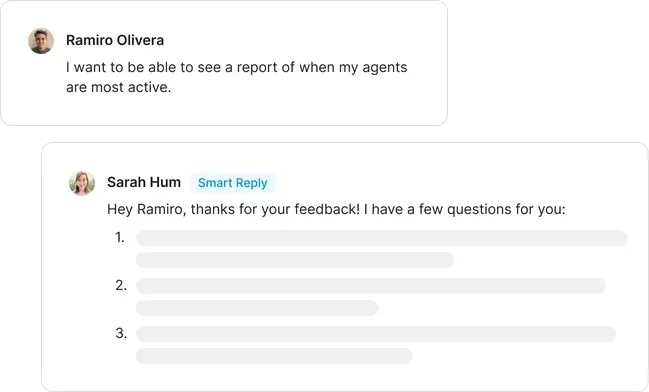 A user requests a feature and an automatic reply is sent asking for more details.
