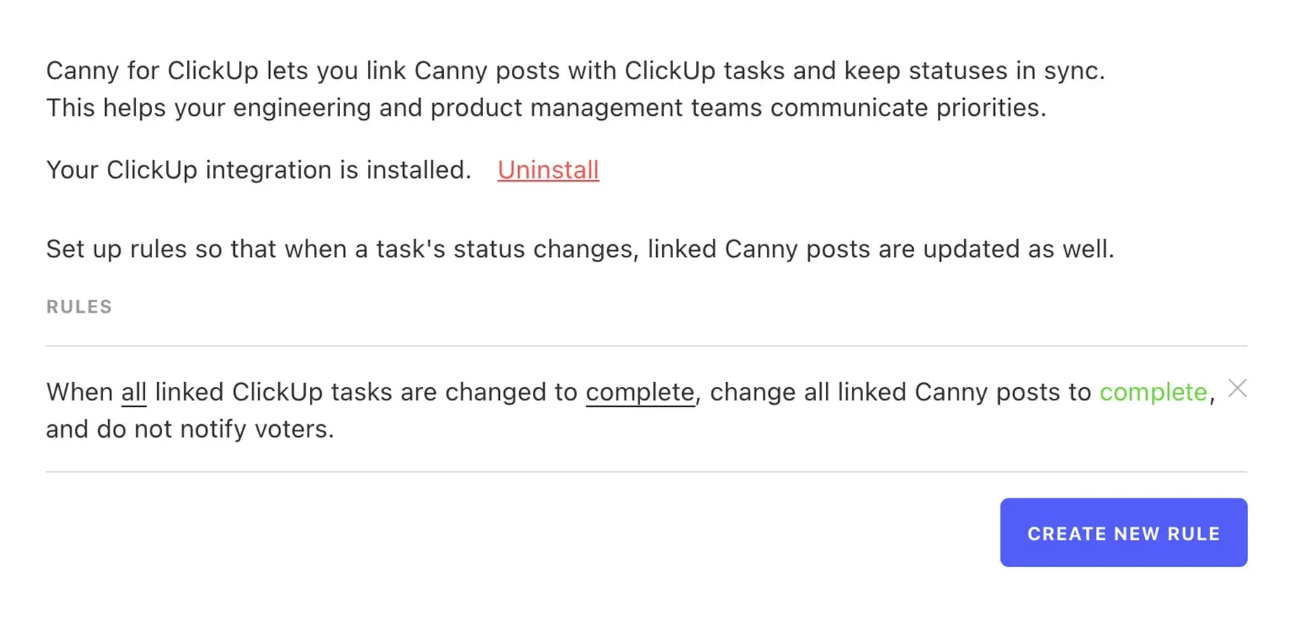 ClickUp sync rules panel: when linked tasks are changed to complete, update Canny posts to complete