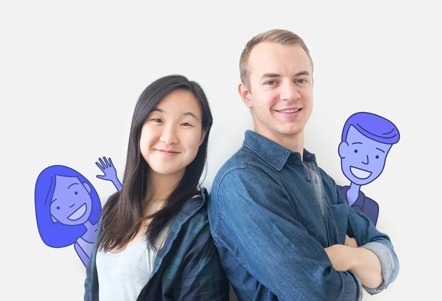 Sarah Hum and Andrew Rasmussen, co-founders of Canny, posing with illustrated Canny mascot characters