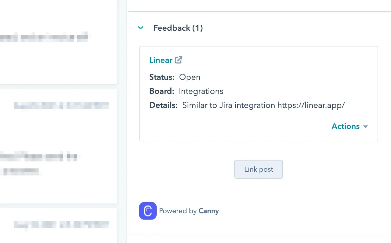HubSpot contact detail panel with an embedded Canny Feedback section showing a linked feature request (Status: Open)