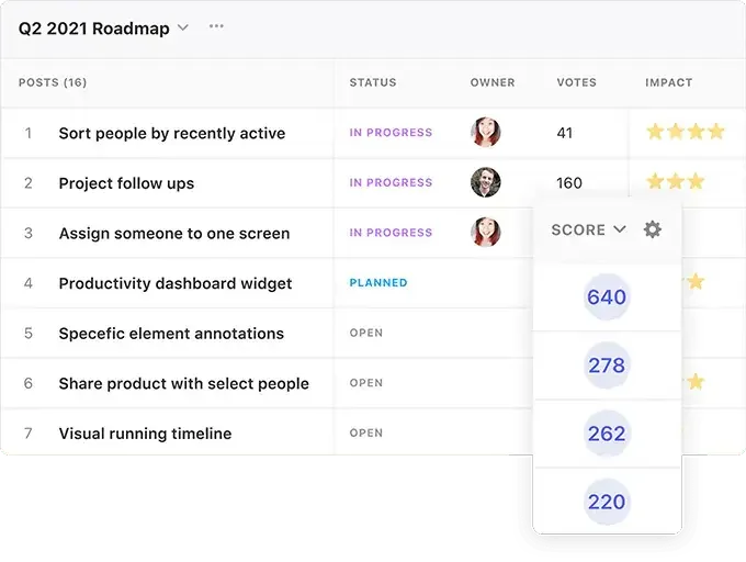 Canny's product roadmap software with prioritization scoring