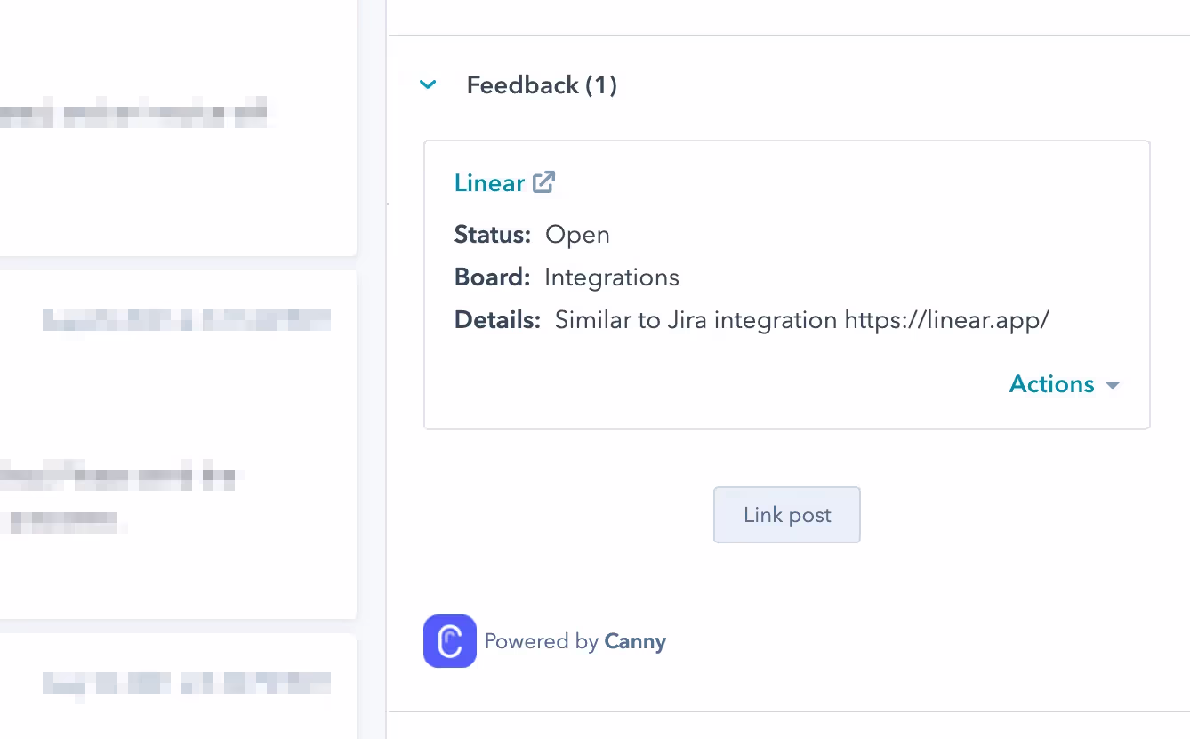 HubSpot contact detail panel with an embedded Canny Feedback section showing a linked feature request (Status: Open)