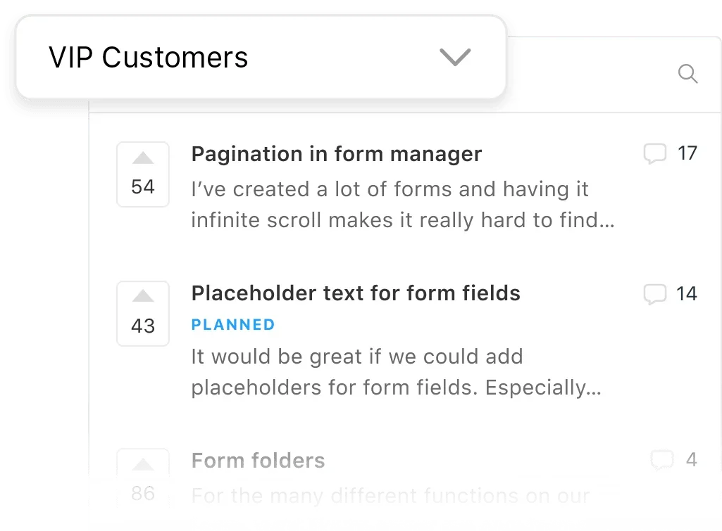 A Canny feedback list filtered to requests from a VIP customer segment.